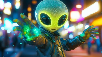 Whimsical glowing extraterrestrials with floating limbs in a dreamy futuristic scene