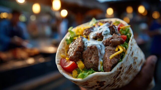 356Macro close-up of beef wrap in hand, tender beef chunks and dripping cheese highlighted, grilled tortilla with slight char, fresh ingredients in vivid focus