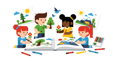 Fototapeta premium Joyful Illustration Showcasing Children's Artistic Creations and Imaginative Landscapes