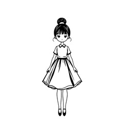 Fototapeta premium Minimalist Black Outline Cartoon Girl Illustration with Bun Hairstyle and Polo Dress on White Background