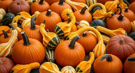 Vibrant autumn harvest display featuring orange pumpkins and decorative gourds in rustic farm market setting