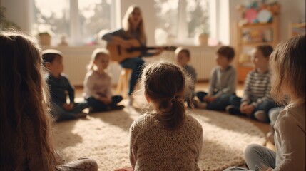 woman plays guitar for children in classroom
