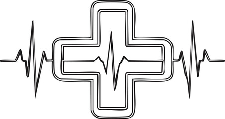 Minimal line art of medical cross and heartbeat combined isolated on a white background, Continuous line art of medical cross with ECG heartbeat, Minimal healthcare symbol combining cross and pulse 