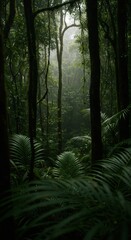 Fototapeta premium Lush, foggy rainforest with dense green foliage and trees in a tropical environment. Natural habitat for adventure travel and environmental conservation.