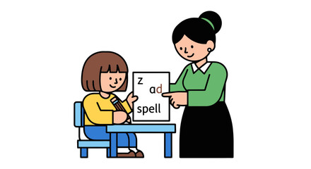 Learning Process Depicted: A Teacher Helping a Student With Spelling Lesson