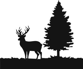 Minimal black deer silhouette standing near tree isolated on white background, Elegant deer silhouette beside tree minimal wildlife vector, Simple black deer and tree composition nature design
