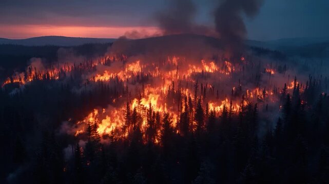 A wildfire rages in the heart of a dense forest, with flames and smoke consuming everything in their path