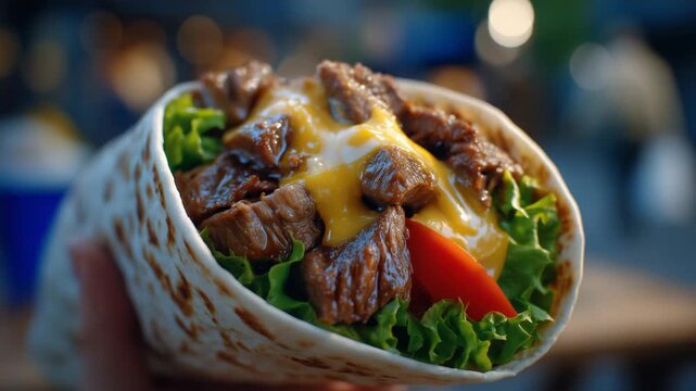 382Close-up of beef wrap in hand, melted cheese flowing over fresh veggies and beef chunks, grilled tortilla with crispy texture, fast food lifestyle photography style