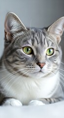 Fototapeta premium Gray tabby cat poses calmly in a studio setting
