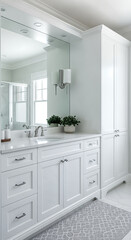 Fototapeta premium Bathroom vanity reflects bright interior design in a modern home