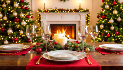 Luxurious Christmas dinner table setting with crystal wine glasses and festive centerpiece by warm fireplace