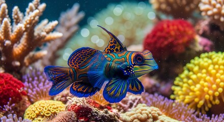 A mandarin fish swims in a vibrant coral reef
