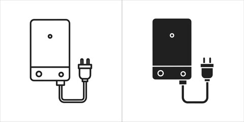 Two icons representing a water heater with plug, one line art and one solid black