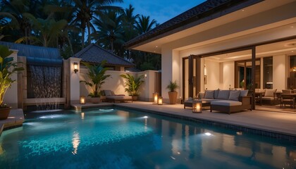 Fototapeta premium Private villa pool area with soft ambient lighting, waterfall feature, modern outdoor sofa set, candles and warm glow, luxury tropical resort vibe, serene atmosphere.
