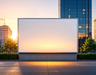 A large empty white billboard on a city street at sunset, with modern skyscrapers in the background for advertising mockups
