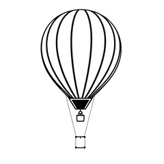 Obraz premium Flat Black and White Hot Air Balloon Icon with Segmented Balloon and Outlined Basket