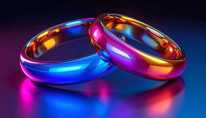 Two polished metallic rings reflecting vivid sunset hues on a glossy surface in an abstract, romantic composition.