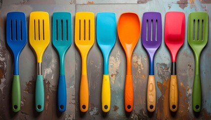 Colorful kitchen spatulas arranged in a neat row, showcasing vibrant design and utensil variety.