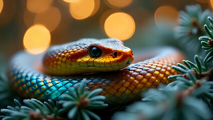 Fototapeta premium Closeup of colorful orange and blue snake coiled on christmas pine branch, festive lights background - animal, wildlife, Christmas New Year celebration, festive holiday fantasy concept