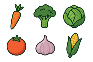 Six colorful vegetables, including a carrot, broccoli, cabbage, tomato, garlic, and corn, illustrated with a bold, playful outline.
