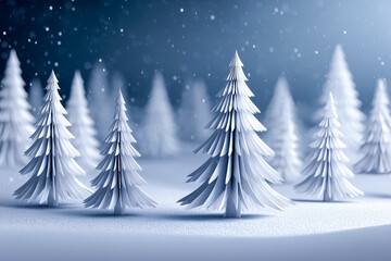 Fototapeta premium White pine trees stand in a snowy landscape, creating a tranquil and festive Christmas atmosphere