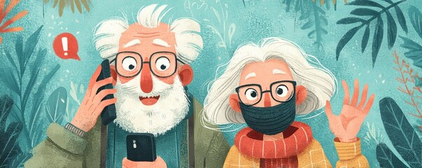 Elderly couple on a video call outdoors, waving hello while wearing masks and glasses
