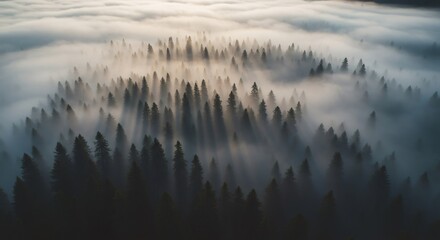 Obraz premium Aerial view of a pine forest covered in mist and fog at sunrise. Beautiful landscape with towering trees. Nature background concept.