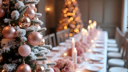 A decorated christmas tree with pink ornaments, elegant dining table set, candles - holiday dinner, luxury christmas celebration, winter wedding reception, catering, gathering, banquet 