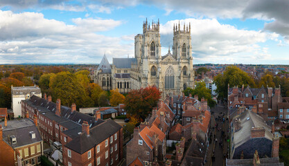 Aerial cityscape skyline of York Minster Cathedral and cityscape skyline