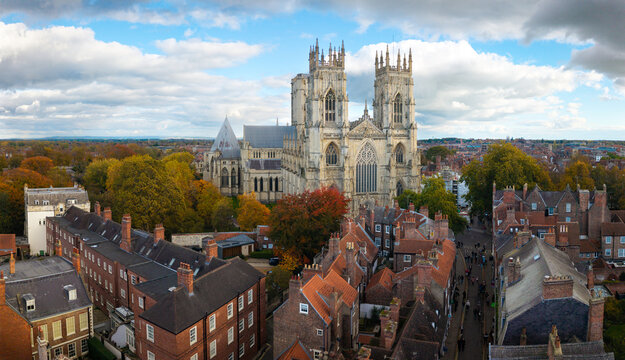 Aerial cityscape skyline of York Minster Cathedral and cityscape skyline