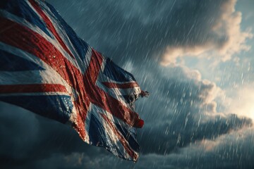 British Flag in Rain with Jets Breaking Through Dramatic Clouds