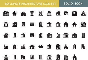 Building and Architecture Icon Set | House, Home, Office, Bank, Factory, Skyscraper, Church, Shop, Real Estate Icons Collection