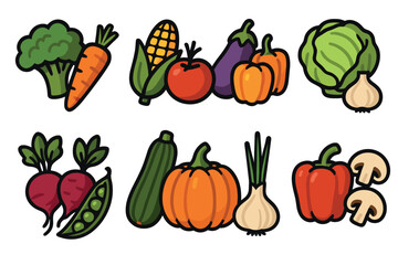 Colorful illustrations of various vegetables including broccoli, carrot, corn, tomato, eggplant, pepper, cabbage, garlic, beets, peas, zucchini, pumpkin, onion, and mushrooms.