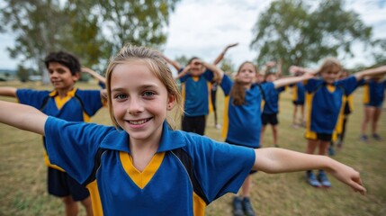 Fototapeta premium Children Stretching in Bright Uniforms Before School Sports Event