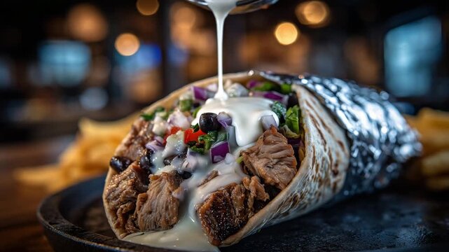 Close-up of beef wrap in hand, melted cheese flowing over fresh veggies and beef chunks, grilled tortilla with crispy texture, fast food lifestyle photography style