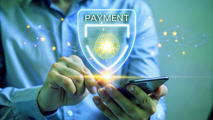 Man using mobile payment app on smartphone secure online transaction with digital shield modern technology concept
