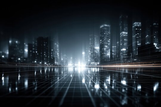 Futuristic Urban Landscape with Digital Effects and Blue Atmospheric Lighting