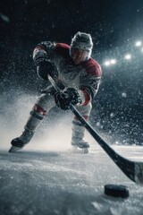 Dynamic Hockey Player Taking a Powerful Shot on Goal with Ice Debris