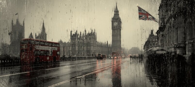 Fototapeta Dramatic Noir-Style Photo of British Parliament in Rain with Union Jack