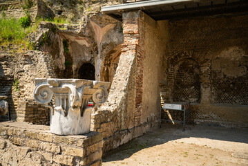 Italy, Naples, Baia, view and details of the archaeological area specialized in the spa treatments of the ancient Romans.