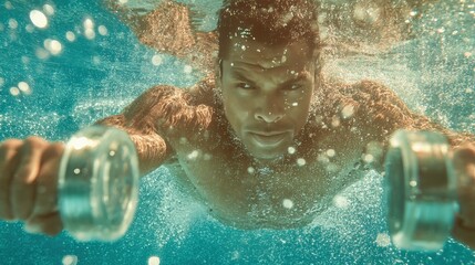 Fit Man Performing Resistance Training with Aqua Dumbbells in Pool