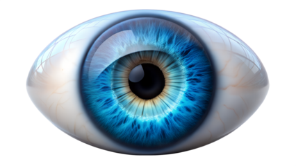 Detailed human eye with blue iris and realistic texture isolated on transparent background