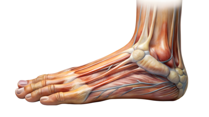 Anatomical illustration of the human foot showing bones, muscles, tendons, and ligaments isolated on transparent background