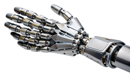 Closeup of a futuristic robotic hand made of metal isolated on transparent background