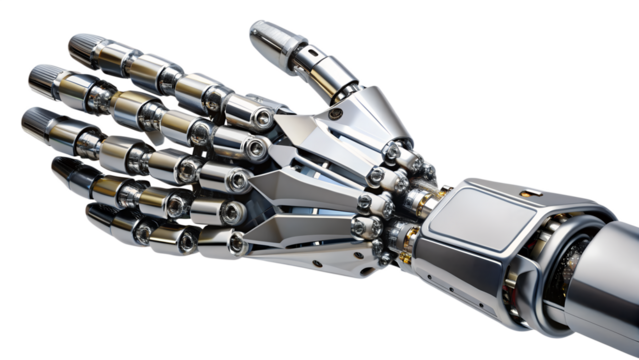 Closeup of a futuristic robotic hand made of metal isolated on transparent background