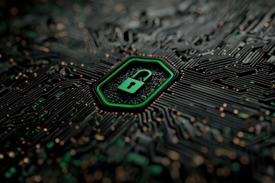 Digital shield on circuitry: an open padlock emblem highlighting cybersecurity and data protection