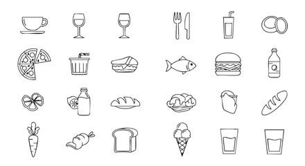 Fototapeta premium Doodle Food and Drink Icons Black Outline Illustration on White Paper