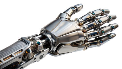 Closeup of a shiny robotic hand made of metal isolated on transparent background