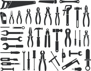 Hand tools silhouette collection, carpentry equipment, plumbing tools, black icons, vector illustration, maintenance gear, workshop essentials, DIY toolkit,