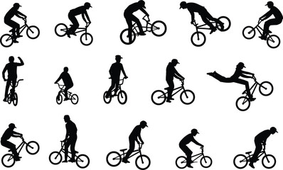 Fototapeta premium BMX rider silhouette, extreme sport action, freestyle bike tricks, urban cycling stunts, flat vector illustration, dynamic pose collection, black icons
